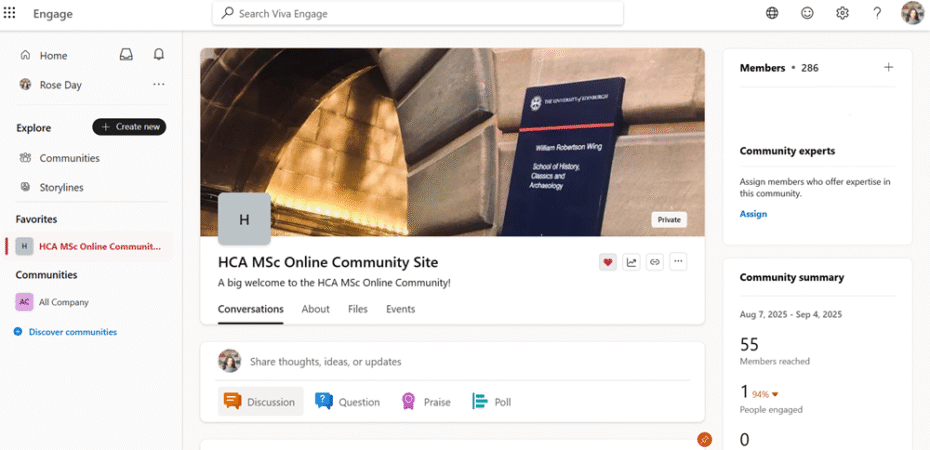 Screenshot of HCA MSc Online Community Site