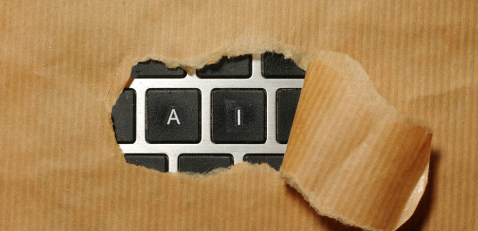 Keyboard under brown paper being ripped to reveal keys A and I