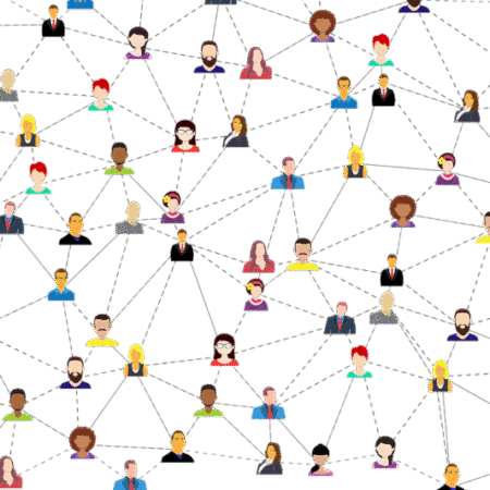 Infographic showing lots of people's heads connected by dotted lines
