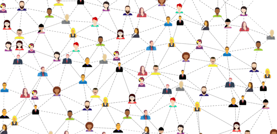Infographic showing lots of people's heads connected by dotted lines