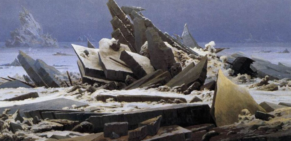 Caspar David Friedrich's painting 'The Sea of Ice' depicting cracking seabed of ice.