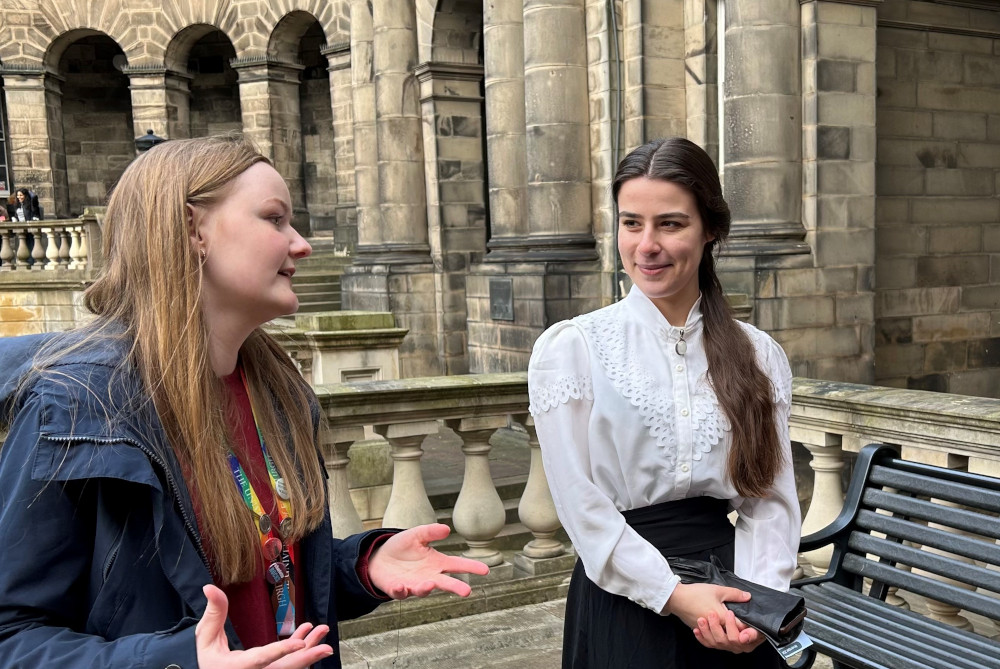 Photo of Katie and Katherine at Old College leading the first Edinburgh Historic Walk.