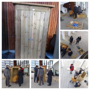 Collage of photos of team building the shed