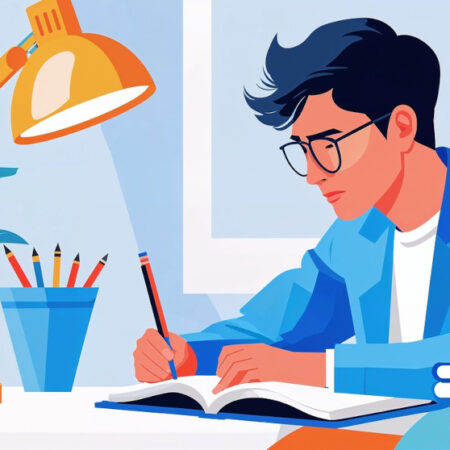 Ai-generated image of a man writing at a desk in a note book with a desk lamp and pile of books.