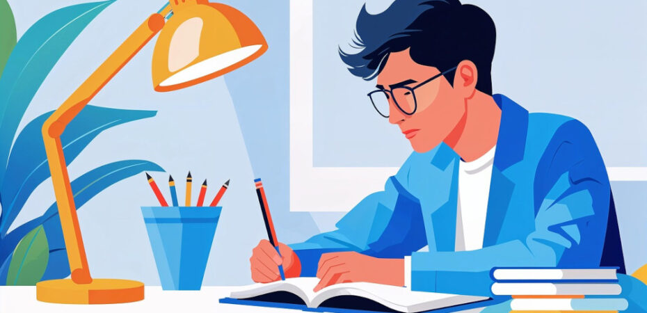 Ai-generated image of a man writing at a desk in a note book with a desk lamp and pile of books.