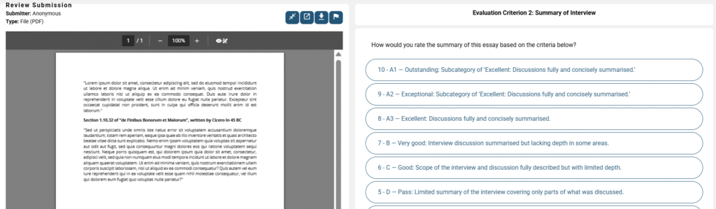 A screenshot of the marking scheme rubric
