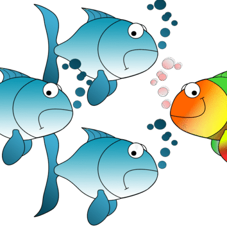 Three blue fish looking sad swimming left and one multi-coloured fish swimming right looking happy.
