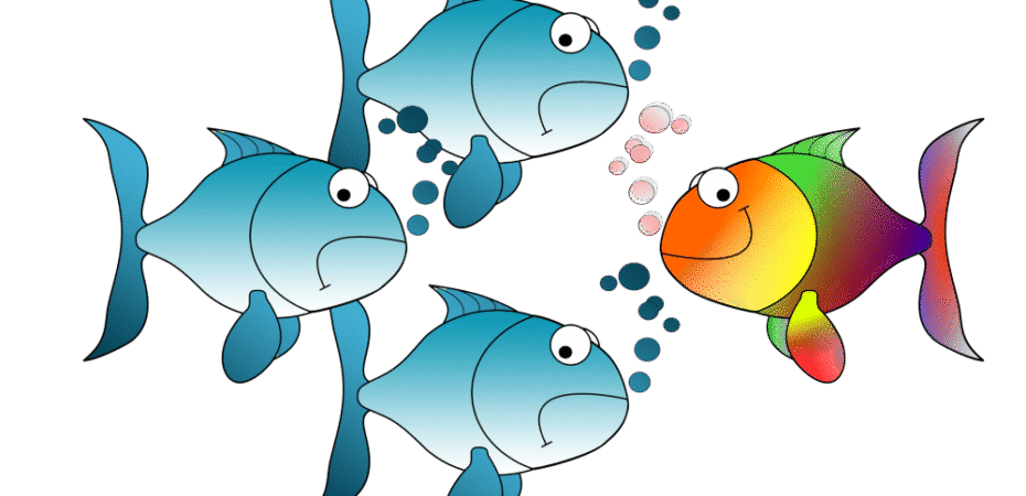 Three blue fish looking sad swimming left and one multi-coloured fish swimming right looking happy.