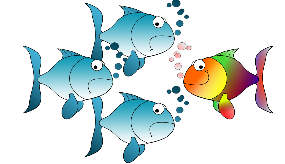 Three blue fish looking sad swimming left and one multi-coloured fish swimming right looking happy.