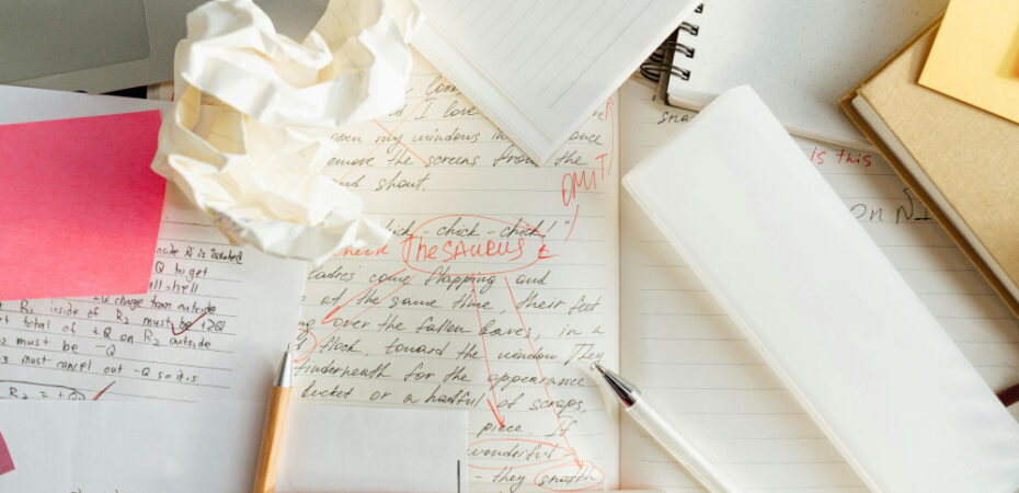 Note books written on with lots of rough notes paper scrunched up.