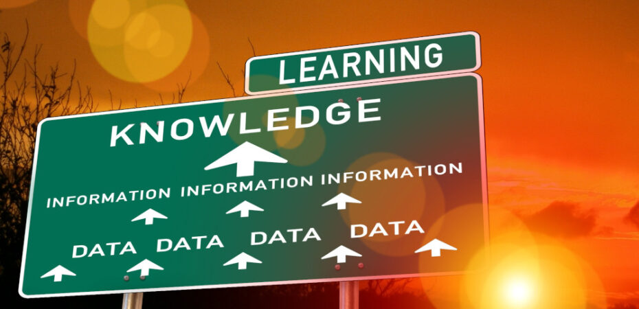 Image of a road sign with 'data' and arrow to word 'information' then arrow to word 'knowledge', and then the word 'learning' - with sunset behind.