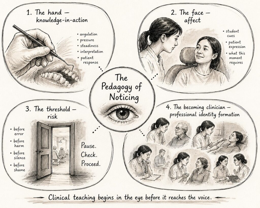 AI-generated conceptual illustration/sketchnote ChatGPT image generation depicting 4 sites of 'the pedagogy of noticing'.