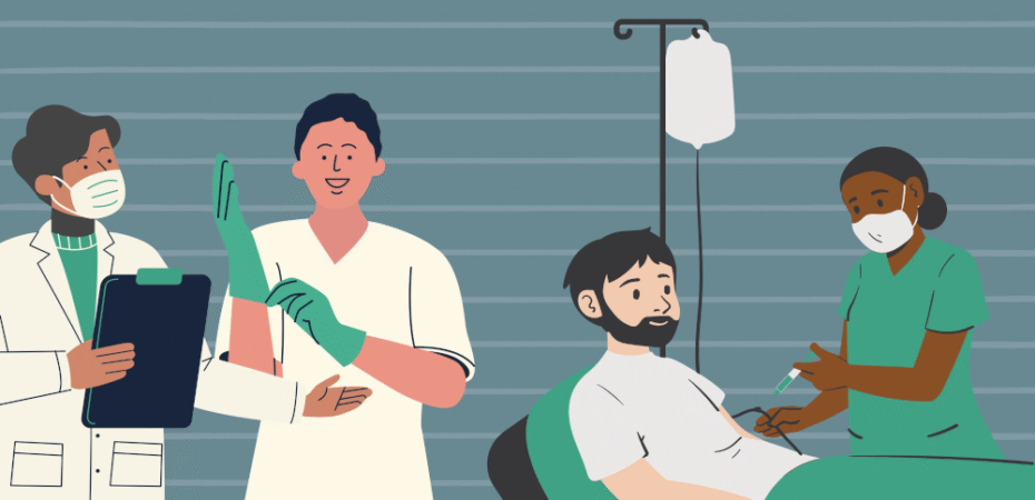 Digital image of medical people performing medical duties.