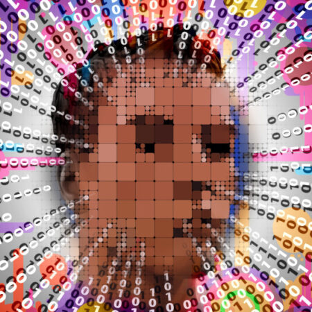 Pixelated face with 1 and 0's spinning around it