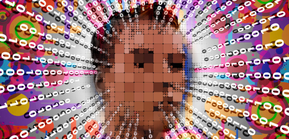 Pixelated face with 1 and 0's spinning around it