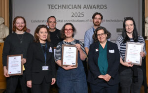 The highly commended shortlisted nominees for the Contributions to learning and teaching 2025 Technician Award.Peter Bentley, Garry Ellard, Gen Harrison, Joe Hathway, Wendy Housam receive their certificates from Kim Graham and Catherine Martin