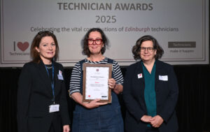 The winner of the award for the Contributions to learning and teaching 2025 Technician Award, Gen Harrison receives their certificates from Kim Graham and Catherine Martin