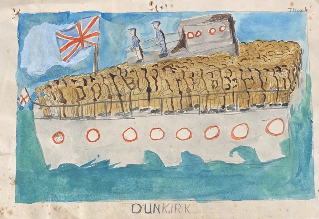 Child's drawing of a boat packed with soldiers returning from Dunkirk.