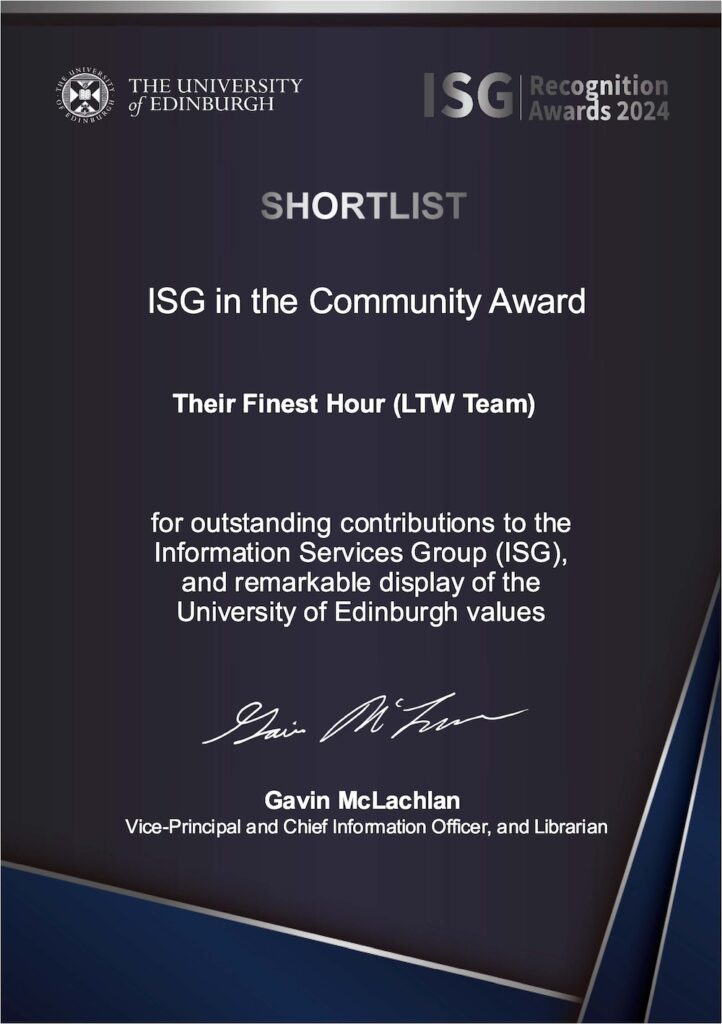 ISG in the Community Award nomination certificate.