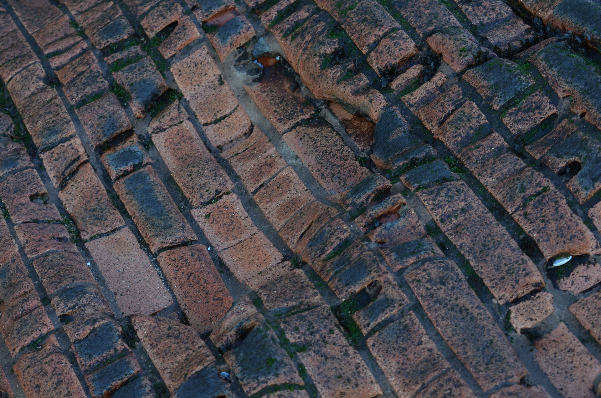 A sea-worn brick wall fragment; masonry is seen rippled in waves.