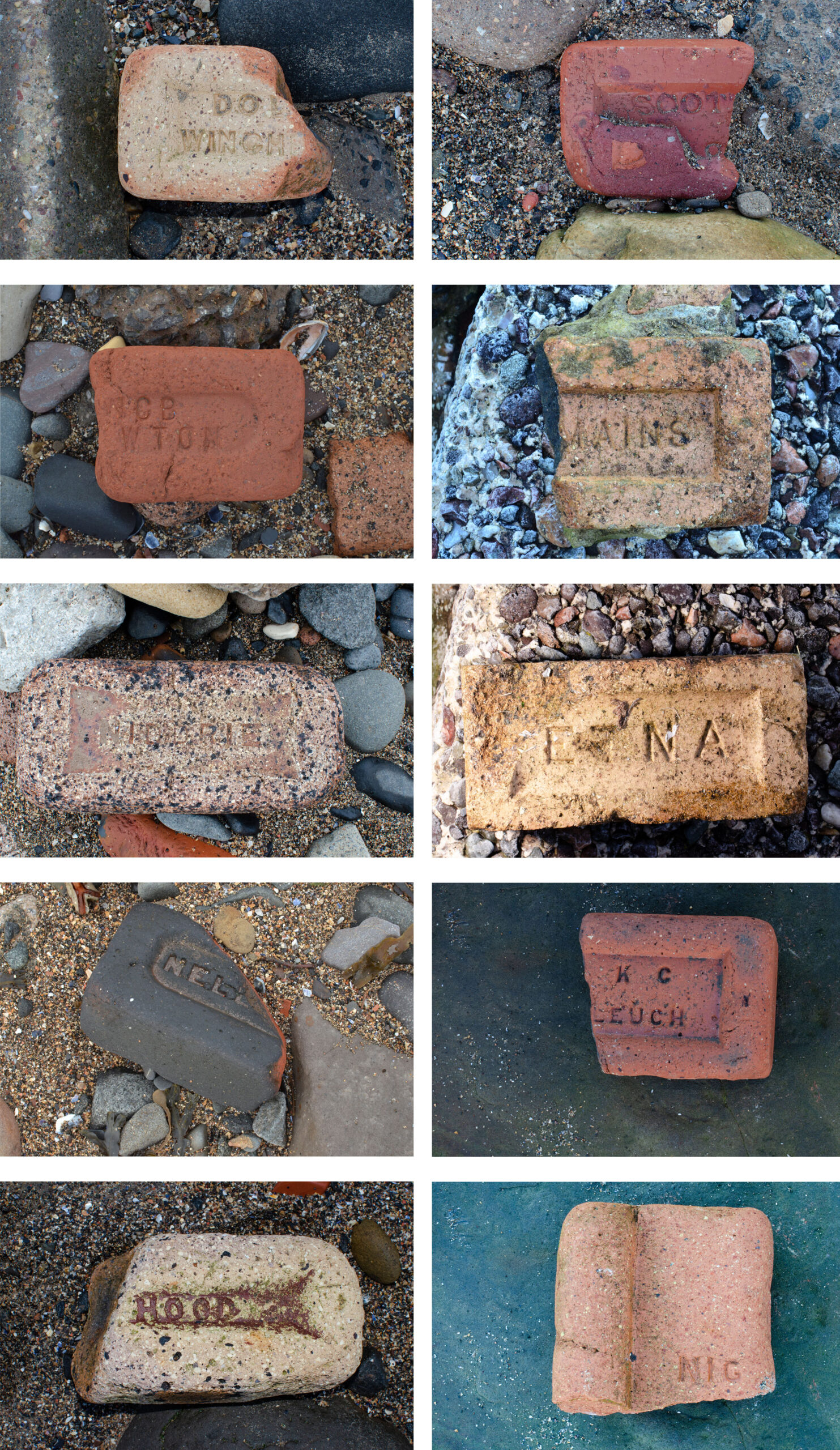 10 photos of whoel and partial bricks arranged in a grid. Each brick is stamped, some are only partially readable. The stamps are as follows, form top left, clockwise: DOU... WINCH...; SCOT... ; ...MAINS; ERNA; ..KC ...LEUCH; NIG...; HOOD; NELL...; NIDDRIE; NCB ...WTON.