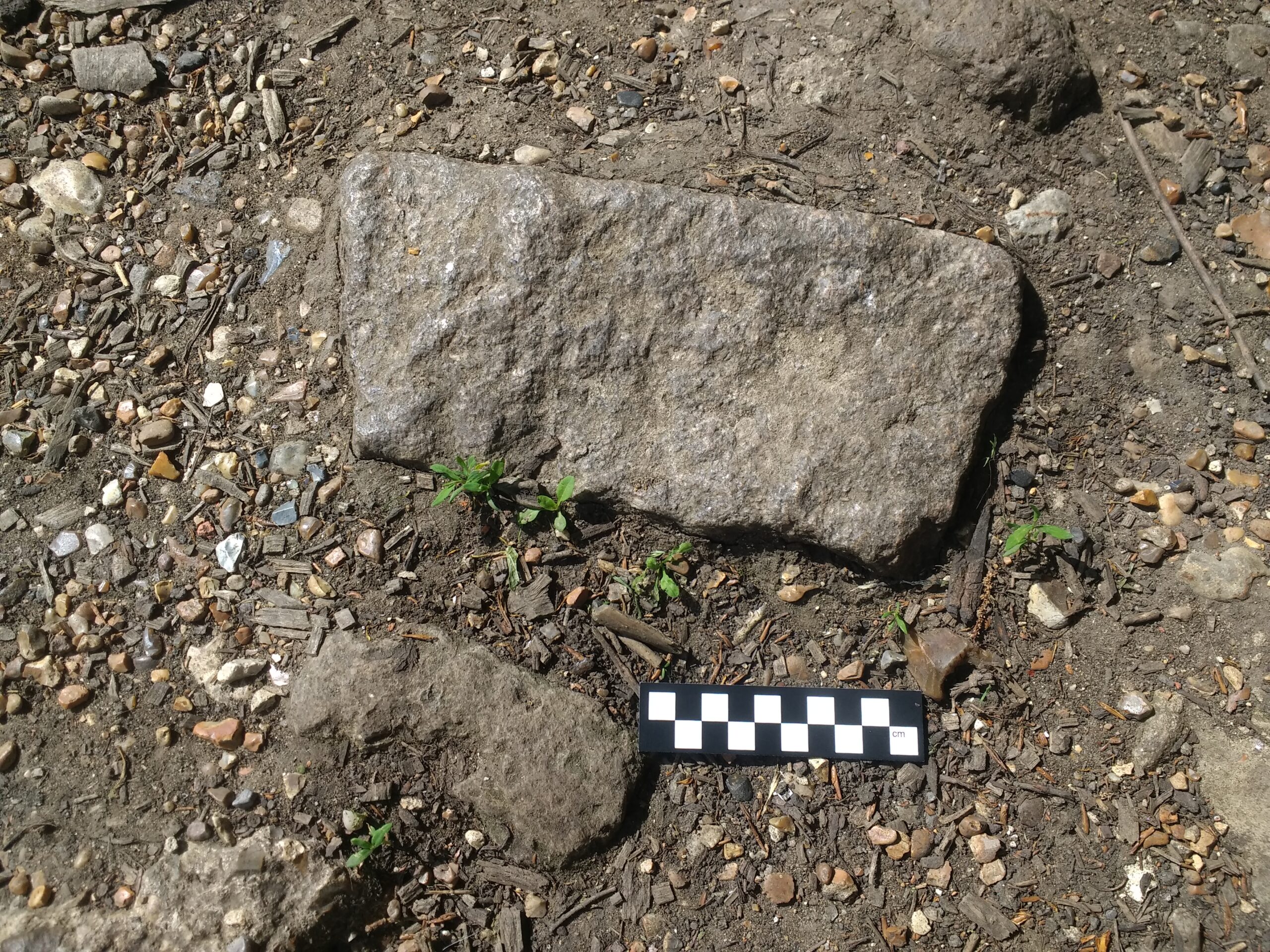 A top down view of a fragment of building stone set into the ground (a muddy, pebbly soil). A smaller fragment of brick is seen at bottom left. A 10cm, black and white scale bar is seen below the stone (the stone is roughly rectangular and isabout 25cm by 15cm and stands out of the ground about 2cm).