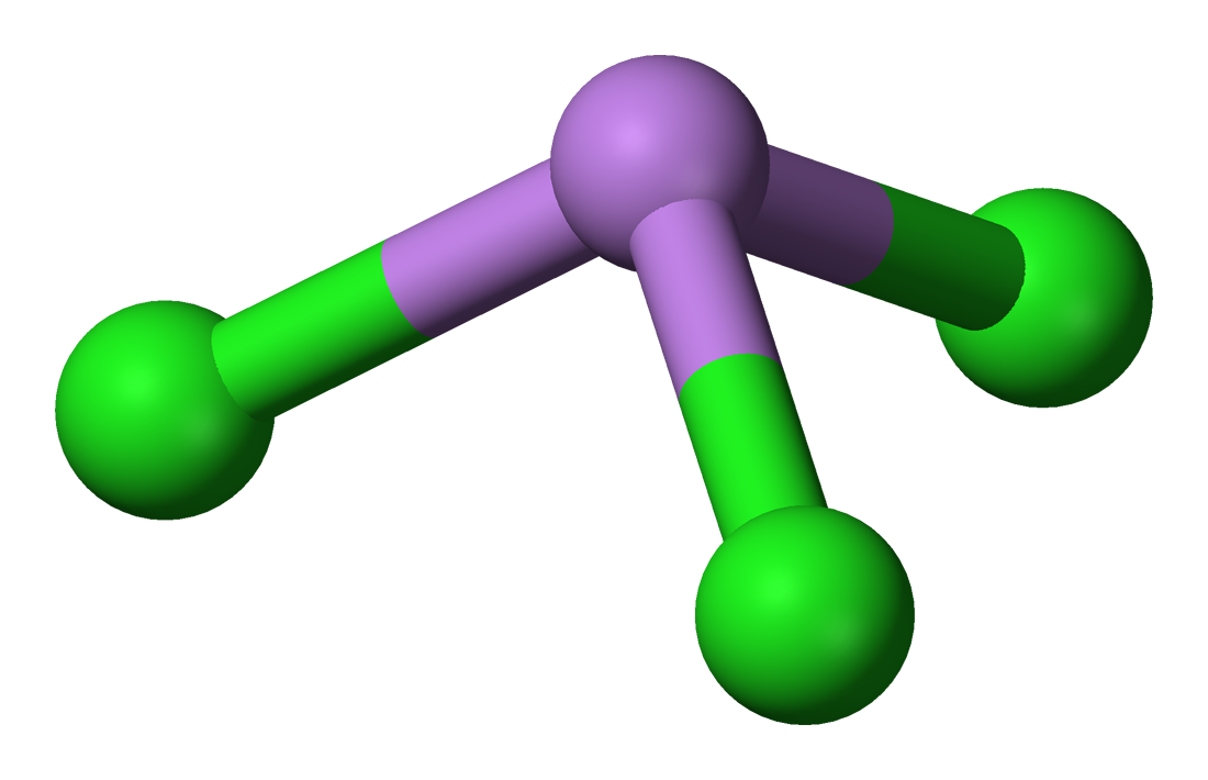 A molecular model of Arsenic trichloride. The arsenic atom is a central purple ball joined by three bonds to three (green) chlorine atoms.