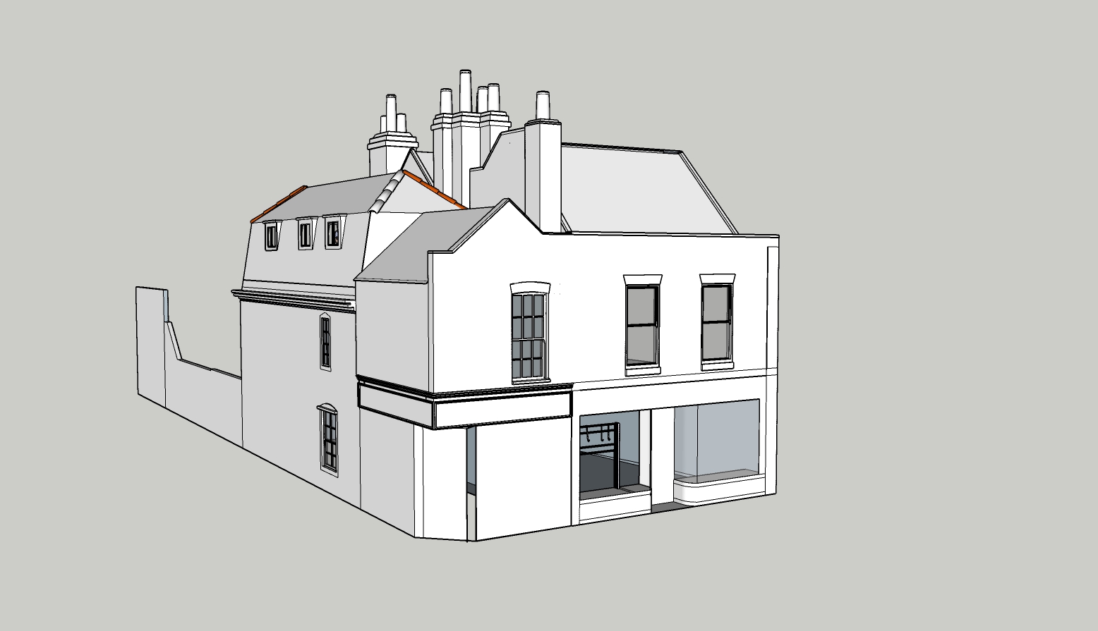 A screengrab of a 3D visualisation of a house that no longer exists at 131-133 Lower Clapton Road. The building is facing corner on and has broad shop windows to the right and a series of interlinked pitched roofs with chimney stacks. It looks around 18th-19th century in date. The Model is incomplete and in greyscale.