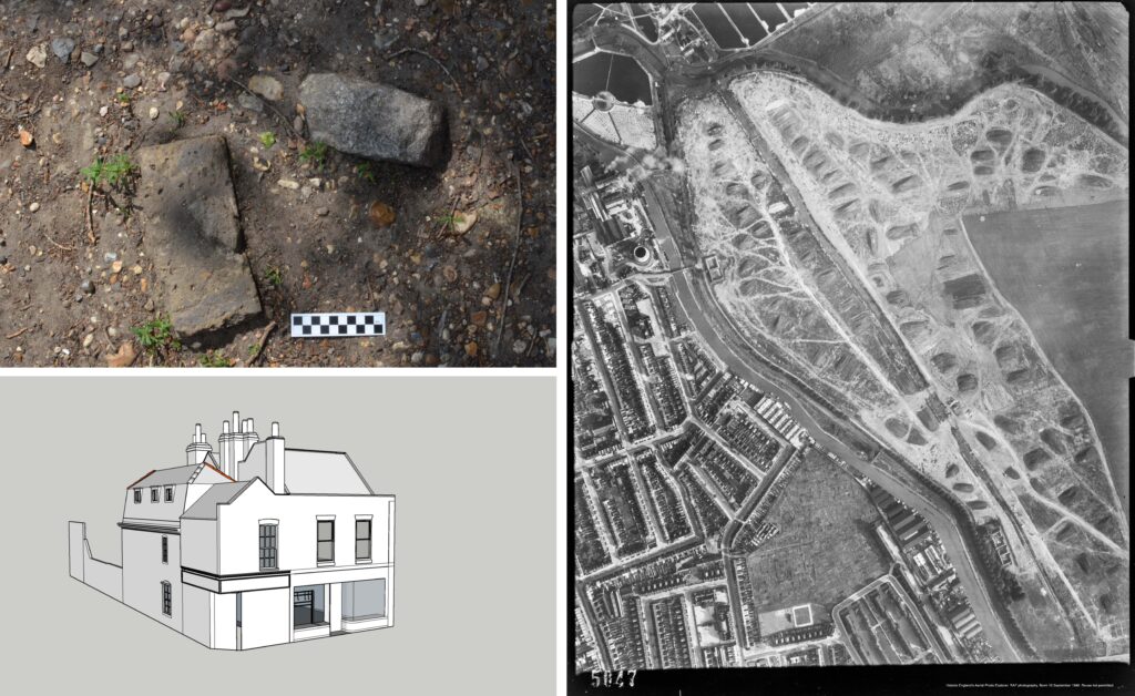 A composite image with thee photogrpahs. Top Left: A colour shot sof granite setts and bricks on the gound in a sun-dappled scene. There is a black and white 10 centimetre scale bar showing this rubble to be about 15- 20cm long. Right: A portrait view of an aerial photo in black and white. The photo seems to have been taken from several thousand feet up and shows streets of houses and roads at left. At right, a large oblong expanse that is light coloured is covered in a multitude of dark coloure, sloping mounds. These are bisected by roads and river channels and small ant-like trucks and machines are ont he ground. Lower left: a computer egnerate dimage of an old two strorey double-hipped roofed building. The image is greyscale and shows georgian-style sash ands case windows and glass shopfront with a corner doorway into the 2 storey property which has numerous chimneys emerging from the top of the roof. The building looks about 200 or 300 years old.