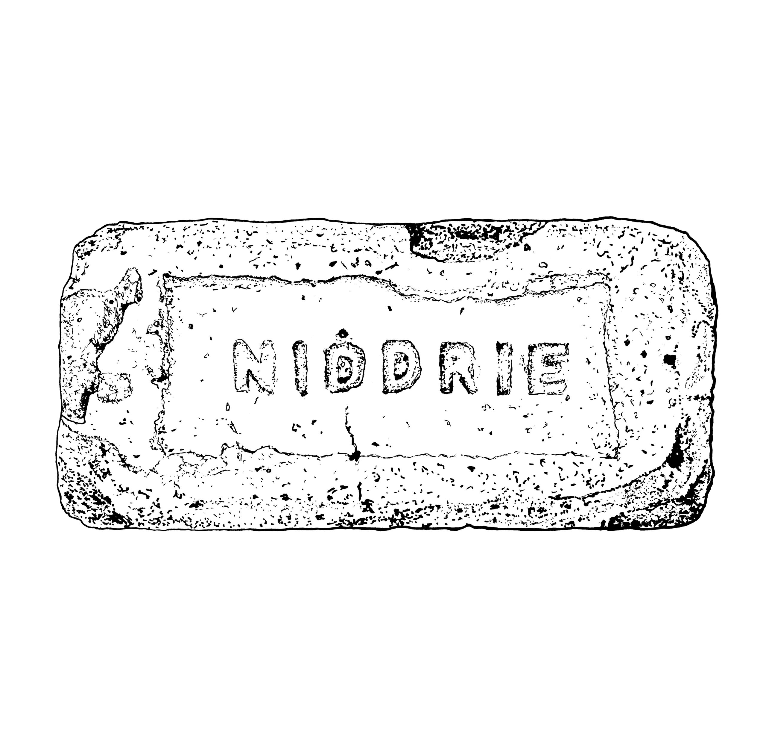 Line drawing of a stamped NIDDRIE brick. the brick surface is detailed and shows scarring and spalling.