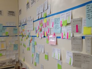 Lots of cards and coloured post-it notes stuck onto a wall between lines of masking tape.
