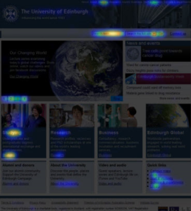 Screengrab of a click heatmap of the University homepage