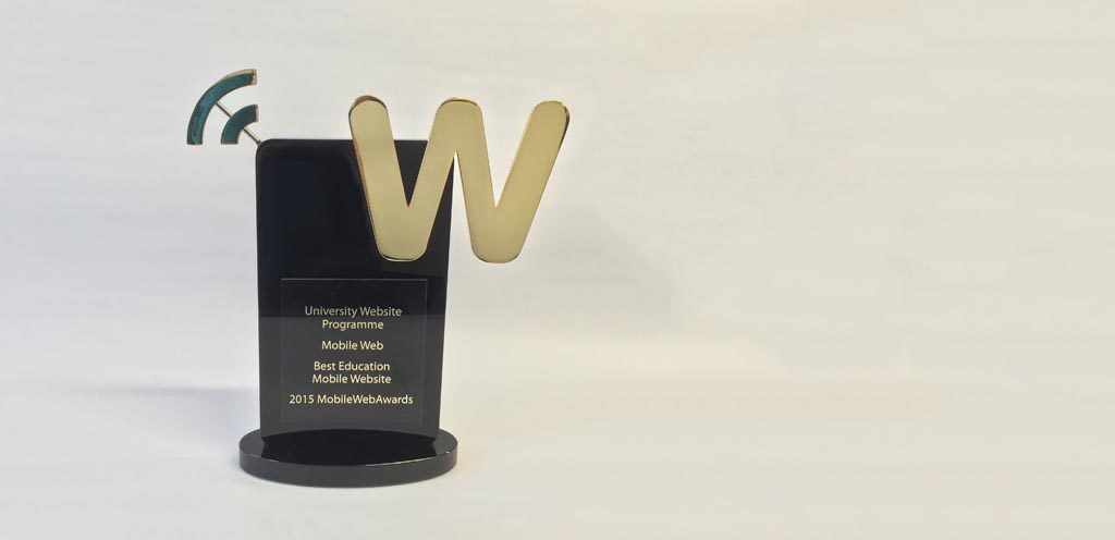 2015 Best Education Mobile Website trophy on shelf in our offices