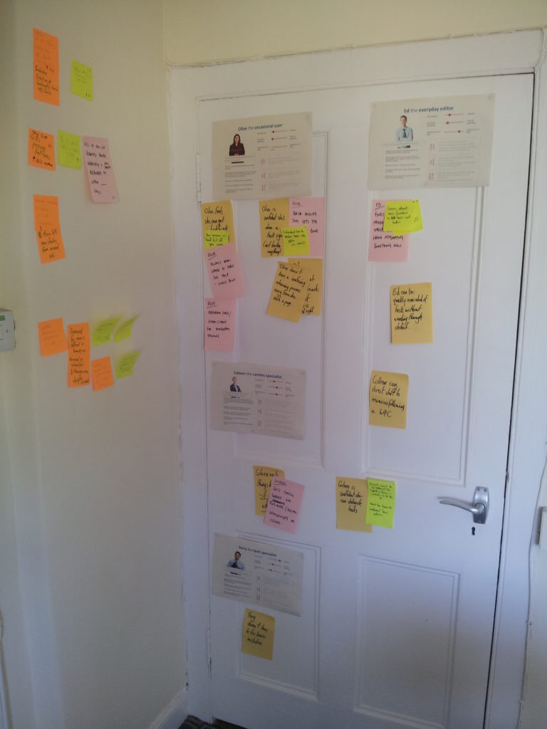 Personas and post-it notes pinned to a wall