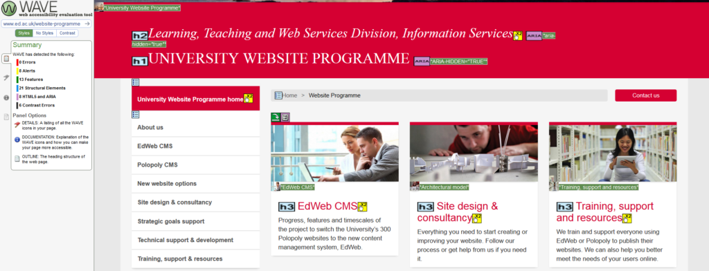 View of the Website Programme homepage through the WAVE testing tool