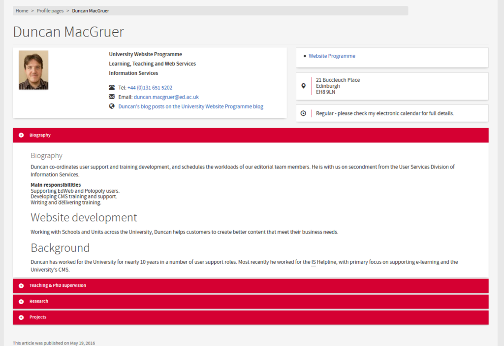 Screenshot of example staff profile page