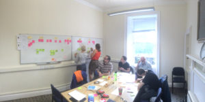 People working with post its on table and at whiteboard