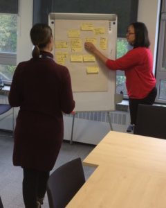 Two people organise post it notes on a flipchart