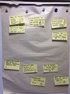 A flip chart board with post it notes