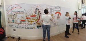 Artist stood at wall, using marker pens to draw highlights of each talk.