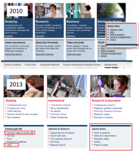 Screenshot showing how quick links changed between 2010 and 2013.