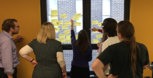 Group work at a wall with post it notes
