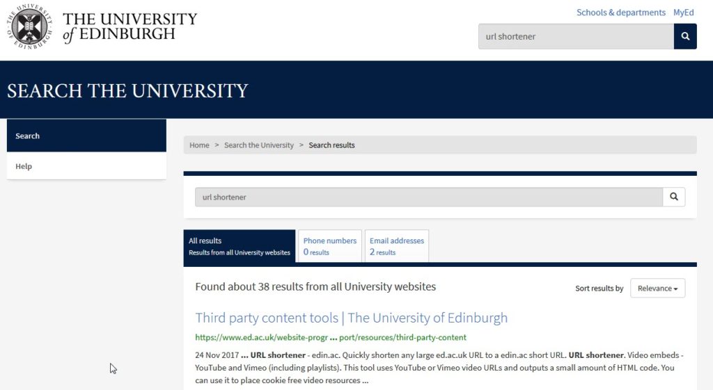 Screenshot showing University web search for the term "URL Shortener"