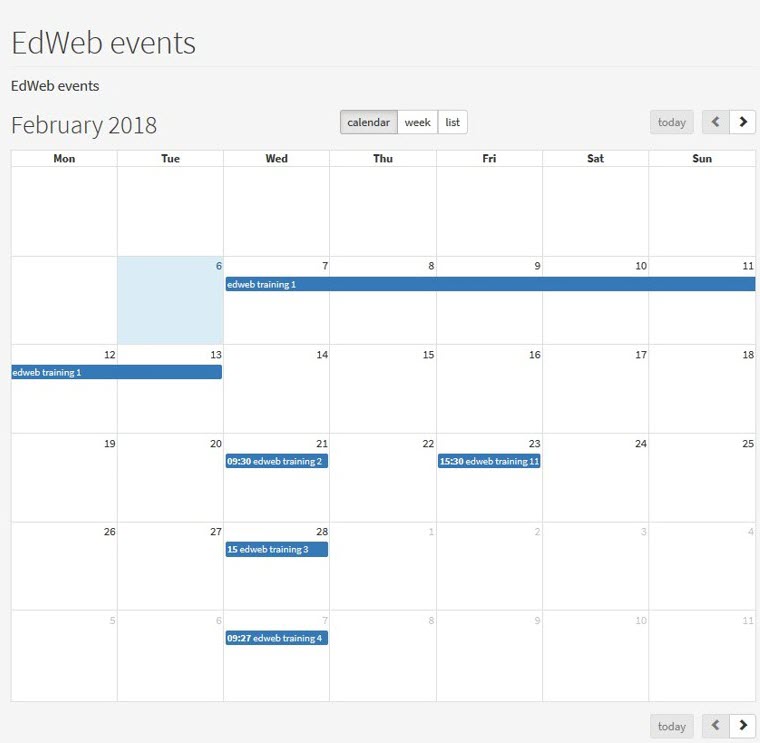 screenshot showing a calendar view of events produced using the EdWeb event listing content type