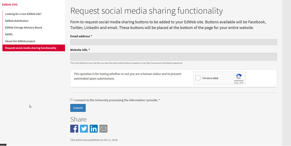 Screenshot of Social Media Share Functionality request form