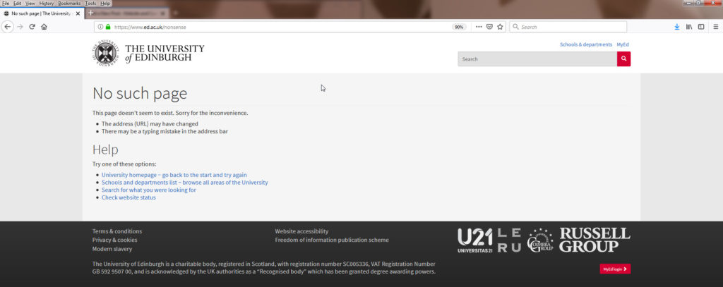 University of Edinburgh "No such page" error