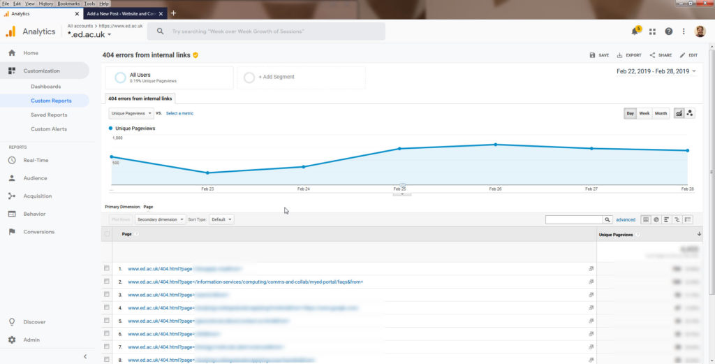 Screenshot showing Google Analytics custom report, listing top 404 errors