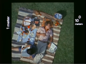 A couple lying on a picnice blanket with food laid out