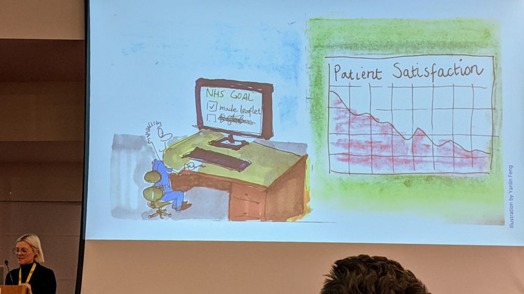 Illustration of an NHS worker creating a new leaflet while a chart shows patient satisfaction declining