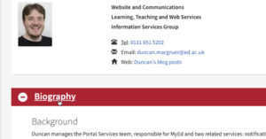 Screenshot of profile page on University main site